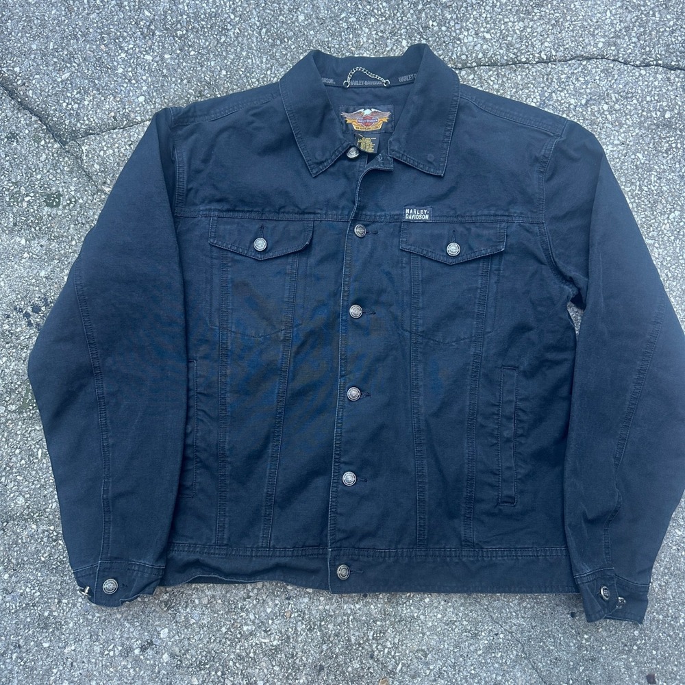 Vtg Harley-Davidson Mens Black Cotton Canvas Trucker Jacket Embroidered Logo M